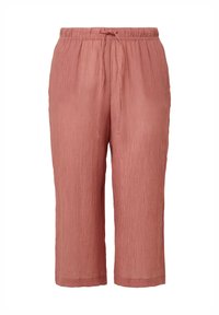Pantalons cropped plissés légers en rose poussiéreux, dotés d'une taille élastique avec cordon de serrage pour un ajustement réglable. Texture lisse, design simple.