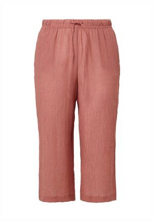 Lightweight, pleated cropped pants in dusty rose, featuring an elastic waistband with a drawstring for adjustable fit. Smooth texture, simple design.