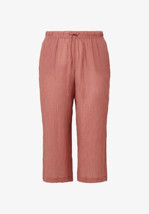 Lightweight, pleated cropped pants in dusty rose, featuring an elastic waistband with a drawstring for adjustable fit. Smooth texture, simple design.