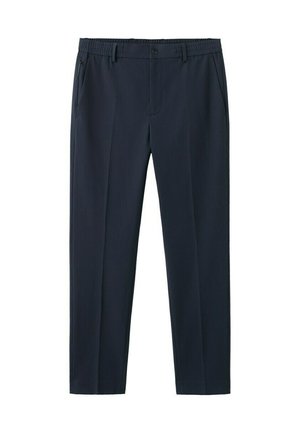 Pantalon formel bleu marine avec taille élastique, fermeture éclair à l'avant, passants de ceinture, poches latérales et jambes fuselées.