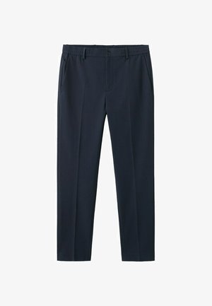 Pantalon formel bleu marine avec taille élastique, fermeture éclair à l'avant, passants de ceinture, poches latérales et jambes fuselées.