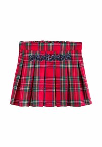 Rød tartan plisseret nederdel med grønne og gule striber. Har en flad talje og dekorative navyvelour-sløjfer på forsiden.