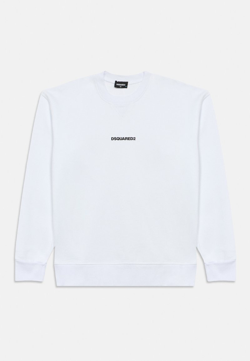 Sweatshirt blanc en coton. Caractéristiques : encolure ronde, manches longues, et petit logo noir "DSQUARED2" sur la poitrine. Texture douce.