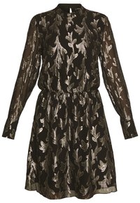 Robe noire à manches longues avec une taille cintrée, ornée de motifs feuillages argentés métalliques sur un tissu transparent et un décolleté en trou de serrure.