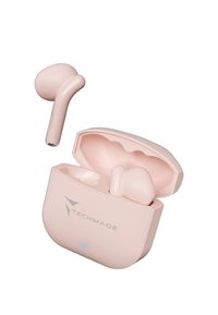 Des écouteurs sans fil en rose clair avec une finition brillante. L'étui de charge présente un logo et un indicateur lumineux bleu. Design ergonomique.