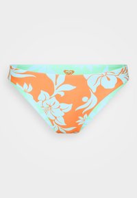 Blomsterbikiniunderdel i orange med ljusblå detaljer, med en högskuren bendesign och elastisk midja.