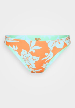 Oranžs ziedu bikini apakšdaļa ar gaiši zilo akcentiem, ar augstu kāju griezumu un elastīgu jostu.