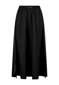 Gonna nera lunga fino al pavimento realizzata in tessuto leggero. Presenta una cintura elastica, spacchi laterali e dettagli in metallo.