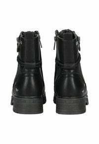 Schwarze Leder-Ankle-Boots mit strukturiertem Finish, seitlichen Reißverschlüssen und Gummisohlen. Sie verfügen über einen gepolsterten Kragen und dezente Markenkennzeichnung an der Ferse.