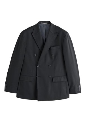 Blazer noir à double boutonnage avec revers aiguisés, deux poches avant et boutons décoratifs. Confectionné en tissu lisse, avec une silhouette ajustée.