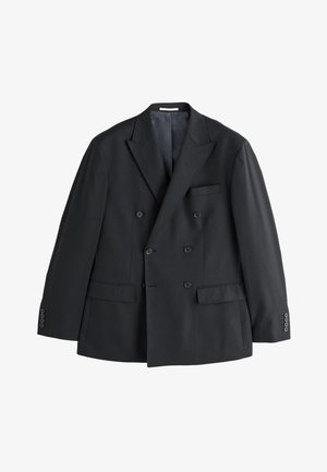 Blazer noir à double boutonnage avec revers aiguisés, deux poches avant et boutons décoratifs. Confectionné en tissu lisse, avec une silhouette ajustée.
