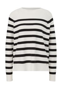 Maglione a righe bianco e nero, con colletto a girocollo, maniche lunghe, orlo a coste e materiale morbido a maglia. Righe orizzontali distintive.