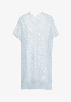 Svetle modrá pletená tunika s volným střihem, výstřihem do V, krátkými rukávy a texturovanými vzory s otevřeným designem. Měkká, prodyšná látka.