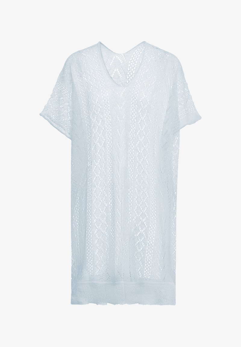 Világoskék, laza szabású, kötött tunika, V-nyakú, rövid ujjú, nyitott mintázatú textúrákkal. Puha, légáteresztő anyag.