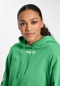 Grön hoodie i mjukt tyg, med dragsko-huvud och en vit logotyp på framsidan. Slät yta med en avslappnad passform.