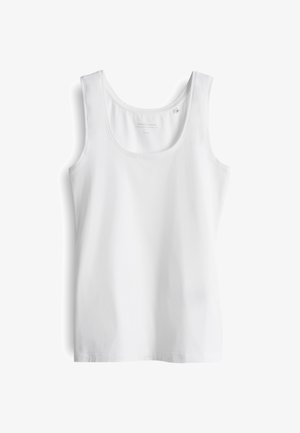 White tank top with a scoop neckline, made from smooth, lightweight fabric. Features wide shoulder straps and a straight hem.