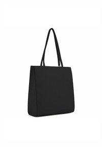 Sac fourre-tout noir avec deux longues poignées, de forme rectangulaire, texture lisse et design minimaliste. Présente un subtil accent doré au niveau de la fermeture.