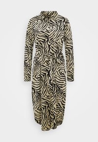 Dlouhé šaty z béžové tkaniny s černým zebrovaným vzorem, s límečkem, zapínáním na knoflíky a zavazovacími pásky v pase.