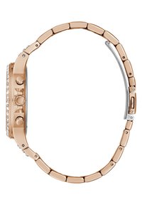Roségoldene Metalluhr mit rechteckigem Gehäuse, drei Druckknöpfen und einem mit Kristallen besetzten Lünette. Verfügt über ein Gliederarmband-Design.