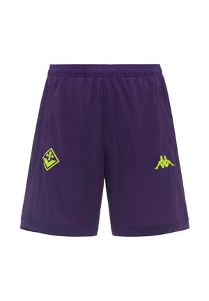 Shorts de sport violets avec taille élastique, poches latérales et deux logos jaune-vert sur les côtés avant.