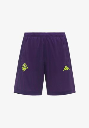 Shorts de sport violets avec taille élastique, poches latérales et deux logos jaune-vert sur les côtés avant.