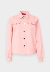 Light pink denim jacket with long sleeves, pointed collar, two chest pockets, and silver snap buttons along the front. Soft texture.