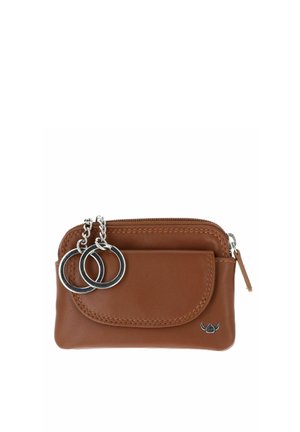 Small brown leather pouch with front pocket, zipper closure, and two attached metal key rings on chains.