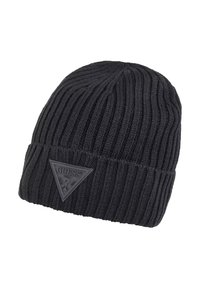 Bonnet en tricot noir avec des côtes verticales, doté d'une patte en caoutchouc logo en forme de triangle. Texture douce avec un ourlet roulé pour un ajustement confortable.