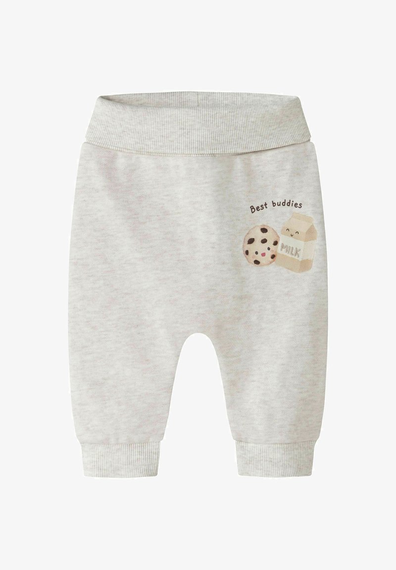 Pantalon de bébé gris clair avec taille et poignets côtelés, présentant une illustration d'un carton de lait souriant et d'un biscuit avec le texte "Best buddies".