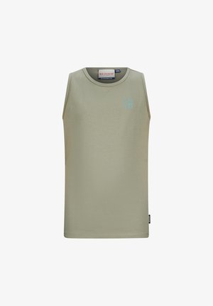 Bezrękawnik w jasnym oliwkowym odcieniu z małym jasnoniebieskim logo "RETOUR" na górnej lewej stronie klatki piersiowej oraz okrągłym dekoltem.