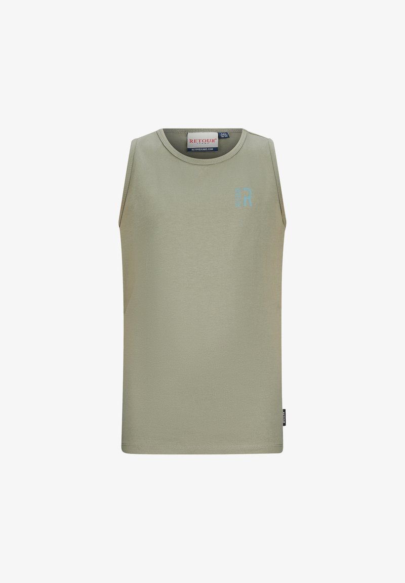 Mouwloos lichtolijfgroene tanktop met een klein lichtblauw "RETOUR" logo op de linkerborst en een ronde hals.