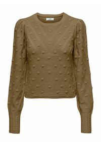 Pull en tricot de couleur marron clair, présentant une surface texturée avec des pois en relief, un col rond et des manches longues avec des poignets côtelés.