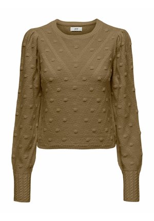 Pull en tricot de couleur marron clair, présentant une surface texturée avec des pois en relief, un col rond et des manches longues avec des poignets côtelés.