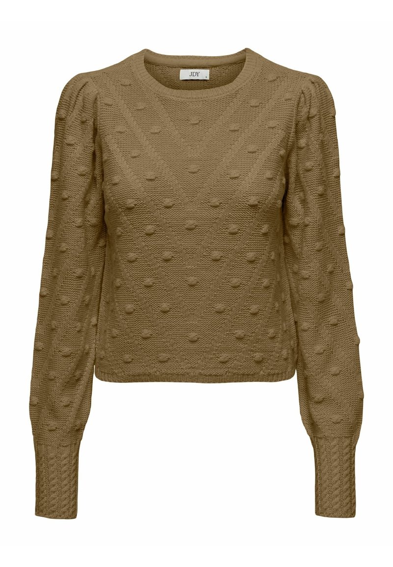 Pull en tricot de couleur marron clair, présentant une surface texturée avec des pois en relief, un col rond et des manches longues avec des poignets côtelés.