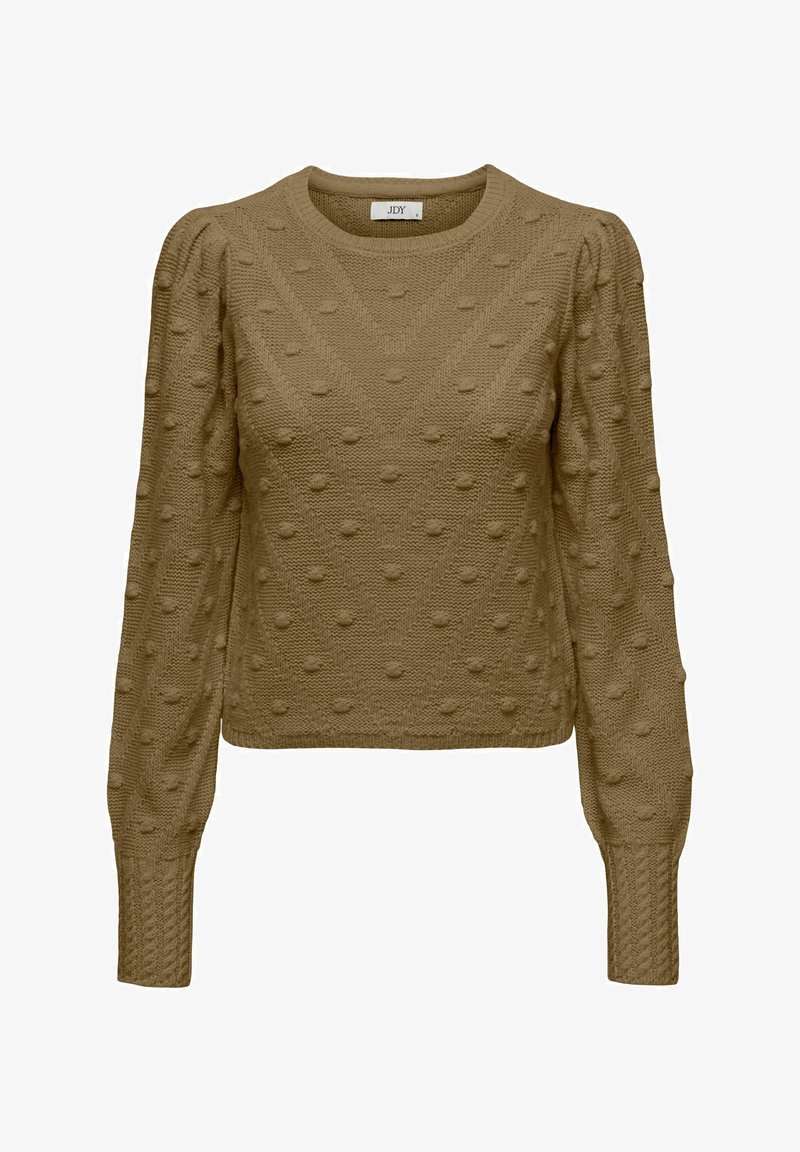 Pull en tricot de couleur marron clair, présentant une surface texturée avec des pois en relief, un col rond et des manches longues avec des poignets côtelés.
