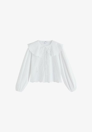 Weiße Bluse mit großem, gerafftem Kragen, durchgehender Knopfleiste vorne und langen Ärmeln. Verziert mit bestickten Blumenmustern und gewelltem Saum.