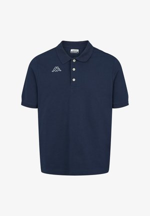 Marinblå pikétröja i strukturerad tyg, med en treknappsslutning och en logotyp broderad på vänster bröst. Kortärmad.