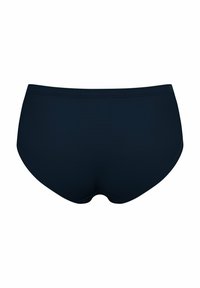 Bas de bikini texturé en bleu marine foncé, avec une taille lisse, des ouvertures de jambe hautes et une couverture complète à l'arrière.
