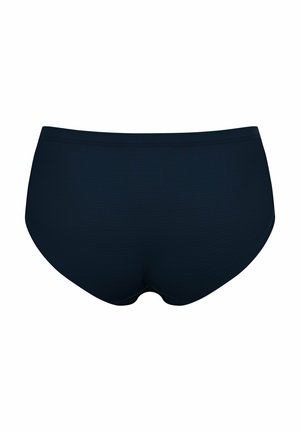 Bas de bikini texturé en bleu marine foncé, avec une taille lisse, des ouvertures de jambe hautes et une couverture complète à l'arrière.