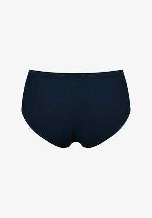 Bas de bikini texturé en bleu marine foncé, avec une taille lisse, des ouvertures de jambe hautes et une couverture complète à l'arrière.