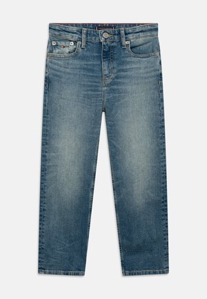 Blaue Denim-Jeans mit geradem Bein. Ausgestattet mit einem klassischen Knopfverschluss, fünf Taschen und leichter Waschung für einen getragenen Look.