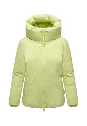 Svetlo zelena podložena jakna z visokim ovratnikom, sprednjim zadrgo, dolgimi rokavi in dvema stranskima žepoma.