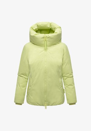 Jasnozielona pikowana kurtka z wysokim kołnierzem, zapięciem na zamek błyskawiczny z przodu, długimi rękawami i dwoma bocznymi kieszeniami.