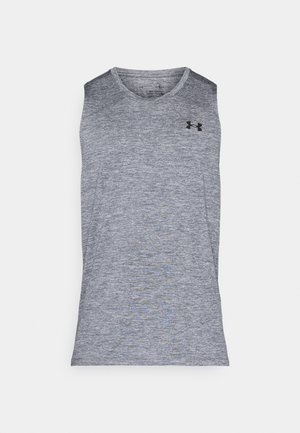 Gray sleeveless athletic shirt made of a textured, moisture-wicking fabric. Features a round neckline and a black logo on the upper left.