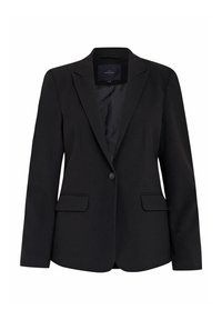 Blazer nero realizzato in tessuto strutturato con revers a punta, chiusura con un bottone, due tasche frontali e fodera interna liscia.