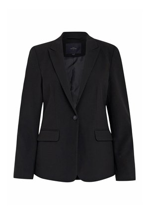 Black blazer made of structured fabric with a notch lapel, single button closure, two front pockets, and smooth interior lining.