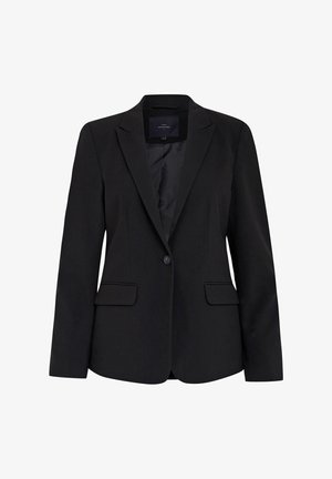 Black blazer made of structured fabric with a notch lapel, single button closure, two front pockets, and smooth interior lining.