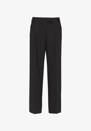 Schwarze maßgeschneiderte Hosen mit flachem Bund, strukturiertem Taillenbund und geradem Bein. Aus glattem Stoff gefertigt, mit seitlichen Taschen.