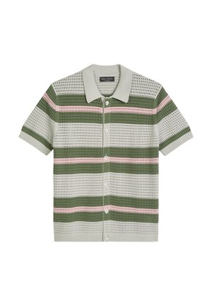 Kurzärmliges Strickhemd zum Knöpfen mit grünen, pinken und beigen horizontalen Streifen und kleinem Kragen.