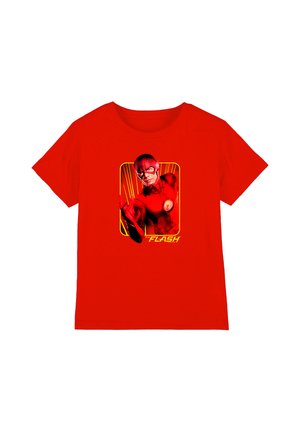 Red short-sleeve T-shirt featuring The Flash superhero in costume with yellow lightning logo and the text "The Flash" below the image.